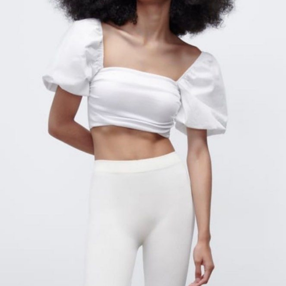 M NWT Zara White Puff Sleeve Crop Top